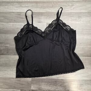 Vintage Black Lace Trim Cami Y2K Lingerie Top Sheer Goth Whimsigoth USA Made